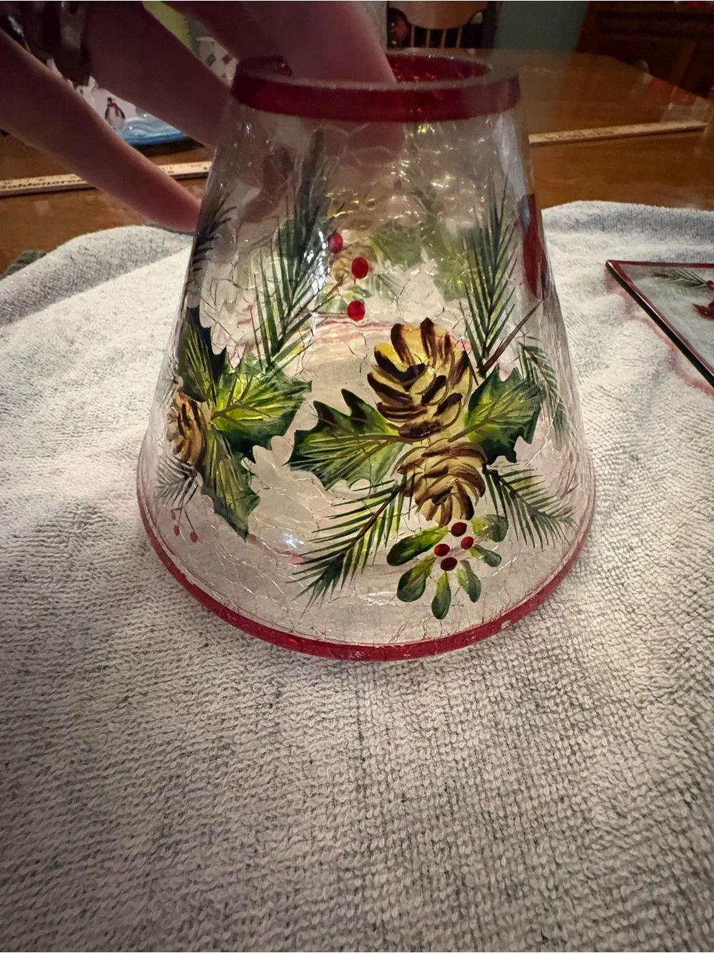 Yankee Candle Red-Trim Glass Hurricane and Tray with Pine & Cardinal Motif